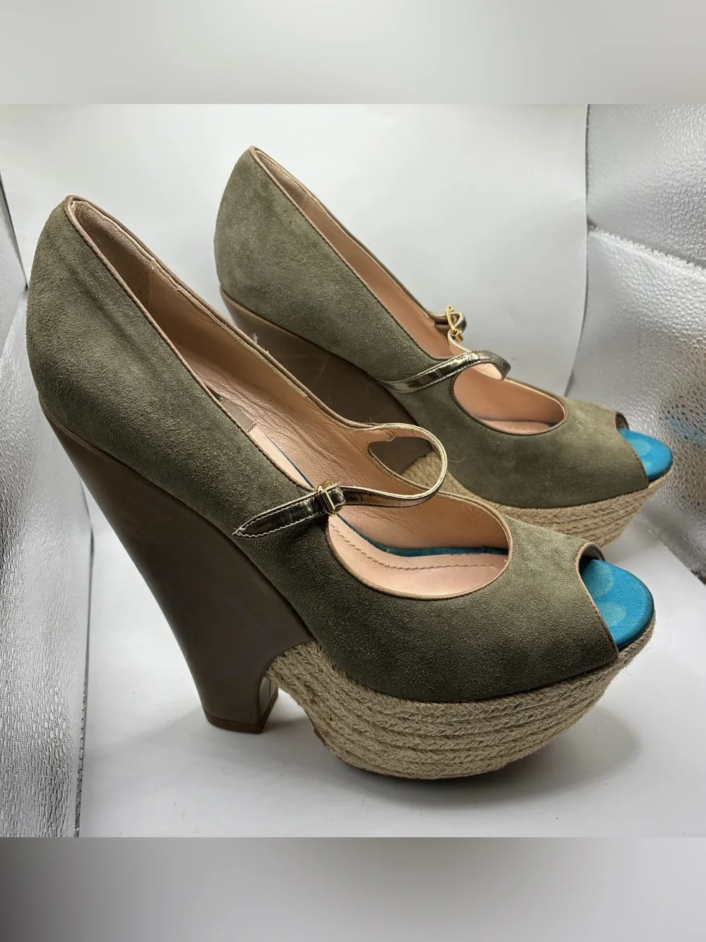 Baldan Italy Peep Toe Platform Mary Jane Heels Olive Suede EU 38 Women’s 8